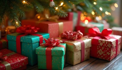 Colorful, elegantly wrapped presents placed under a Christmas tree, with twinkling lights in the background. The scene evokes the excitement and festive spirit of Christmas