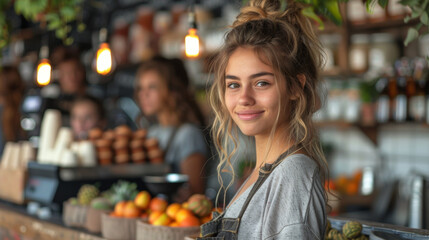 Obraz premium A young woman smiles warmly while working in vibrant cafe filled with fresh fruits and lively atmosphere. Her friendly demeanor adds to inviting environment