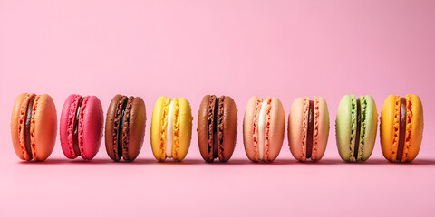 A variety of tasty biscuits beautifully lined up on a soft pink background creating a visually appealing composition