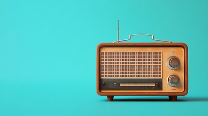 Obraz premium A vintage wooden radio with an antenna against a turquoise background.