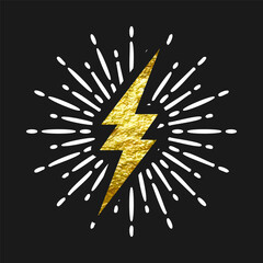 Vintage golden lightning bolt and sun rays. Gold foil texture. Lightning with sunburst effect. Thunderbolt, electric shock sign. Vector illustration