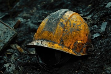 A Rusty Yellow Hard Hat Abandoned in Rubble