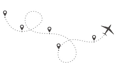 Plane timeine trail dashed line with pin. Infographic destination work process template. Airplane icons, roadmap infographic and travel path routes with location