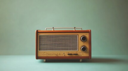 A vintage radio with a wooden casing sits on a teal surface, with a teal wall in the background.