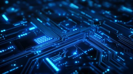 Circuit board. Dynamic blue emitting light, representing high-speed data transfer and connectivity. Digital Blue Light.
