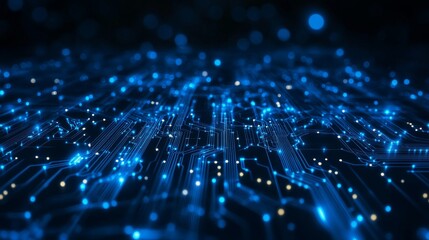 Circuit board. Dynamic blue emitting light, representing high-speed data transfer and connectivity. Digital Blue Light.