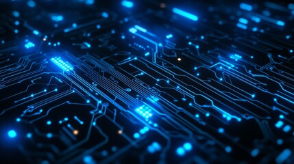 Circuit board. Dynamic blue emitting light, representing high-speed data transfer and connectivity. Digital Blue Light.