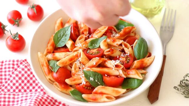 Pasta penne alla arrabiata with tomatoes, basil and parmesan cheese. Healthy Eating. Vegetarian Food.