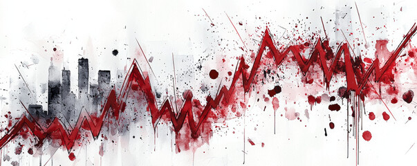 image depicts dramatic representation of stock market crash, illustrated by falling red line against backdrop of city skyline. chaotic splashes of red and black evoke sense of urgency and turmoil in