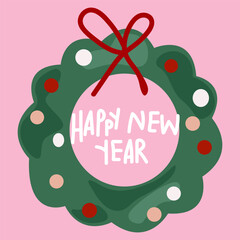 Vector flat icons for Christmas Card. Merry Christmas and Happy New Year element vector. Christmas wreath and bells on a pink background