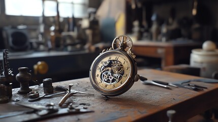 A watchmaker's workbench with tools and a disassembled watch.