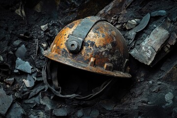 A Rusty Hard Hat Resting on a Pile of Coal