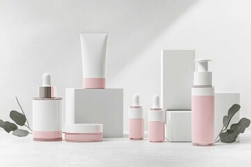white and pink cosmetic bottle mockup set on a grey background.