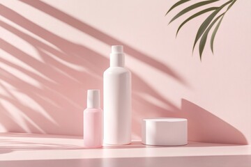 white and pink cosmetic bottle mockup set on a grey background.