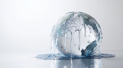 Melting ice globe symbolizing global warming and climate change, with ice drips and water pooling on a light background