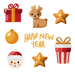 Vector flat icons for Christmas Card. Merry Christmas and Happy New Year element vector. Cute deer, snowman, Christmas gift and New Year's balls on the tree. Gold inscription on a white background