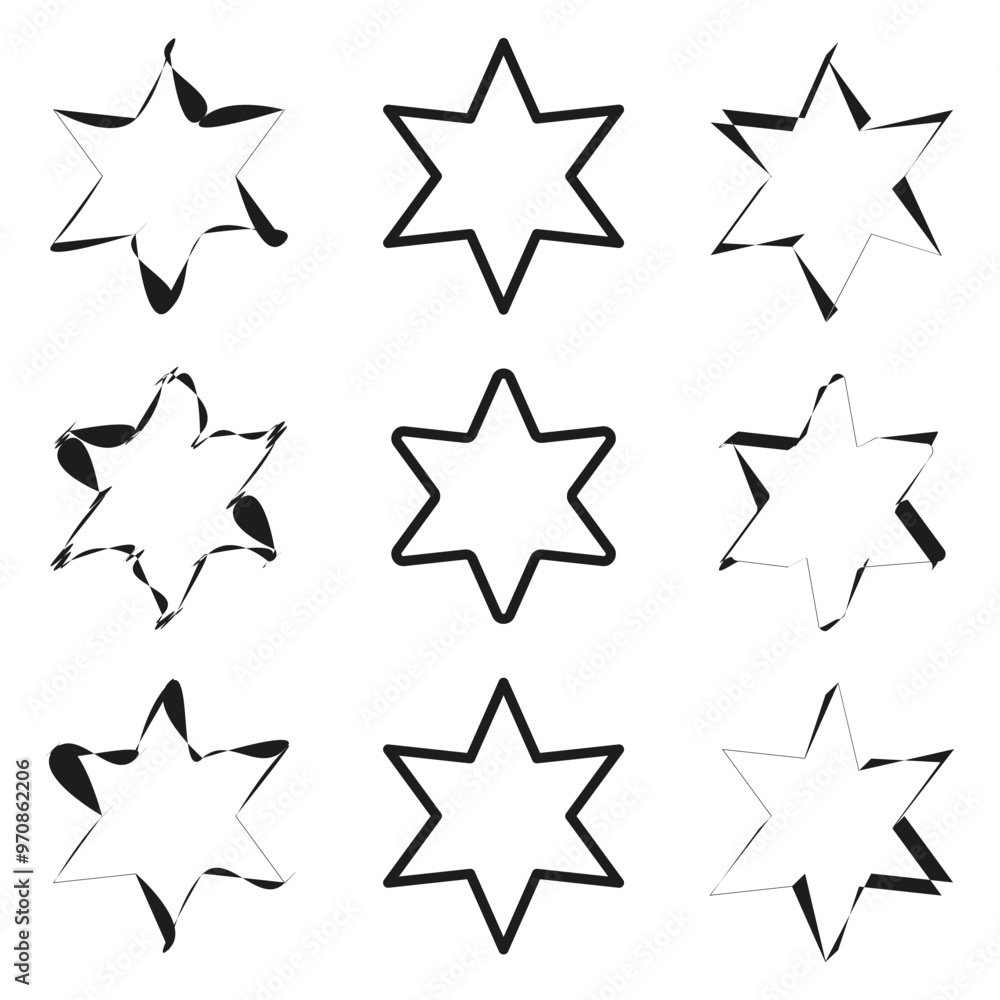 Poster abstract star icons. geometric star shapes. distorted line patterns. vector collection.
