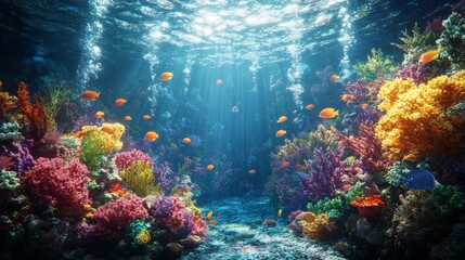 Underwater Coral Reef With Sunbeams and Fish