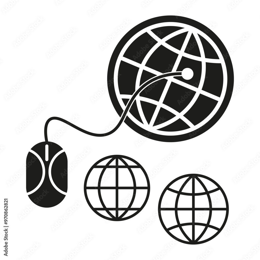 Poster globe and mouse icons. internet connection symbols. black and white vector. global network concept.