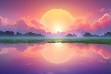 Fototapeta premium Radiant Sunrise Reflections – Tranquil Landscape Art with Dreamy Colors