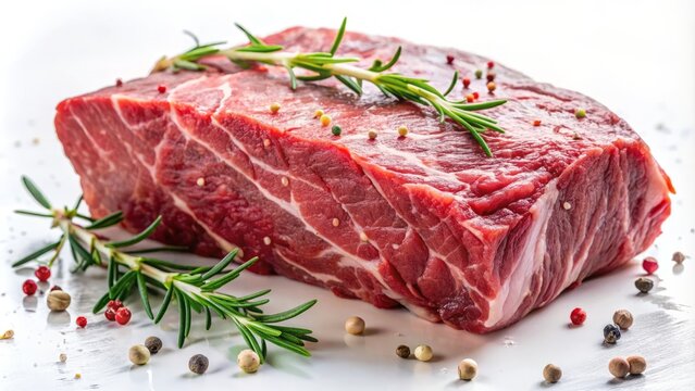 Richly marbled tri-tip roast glistens on a pristine white backdrop, its delicate fat streaks adding a touch of