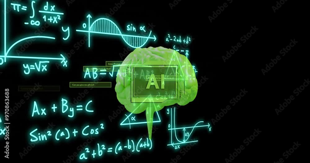 Poster mathematical equations and graphs over green brain animation, representing artificial intelligence