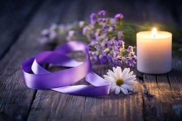 A candle and a purple ribbon placed on a table, highlighting the critical conversation surrounding overdose awareness.