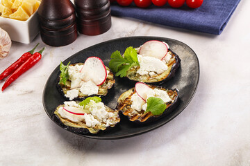 Grilled eggplant with cheese and radish