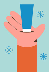Woman hands applying cream from tube. Using moisturizer in winter season. Hand cream for cold weather. Flat vector illustration.