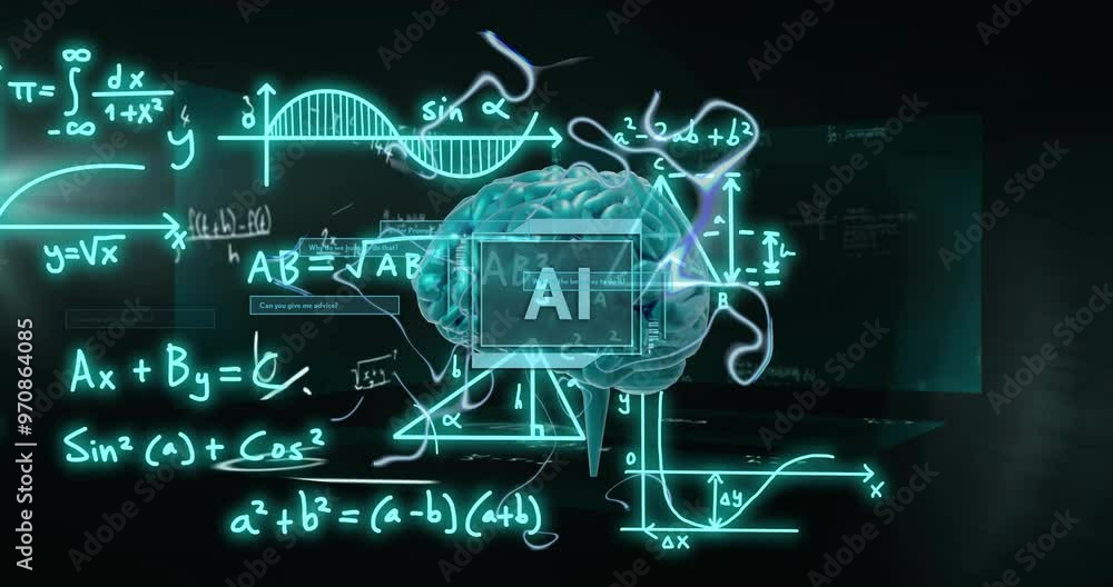 Poster ai text over brain and mathematical formulas, scientific data processing animation
