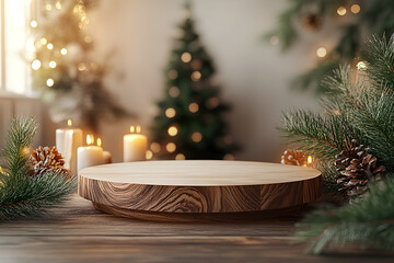Minimalist Christmas Candle Display with Pine Branches and Wooden Platform in Cozy Room