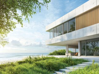 In this 3D rendering, a modern luxury house is seen in front of a concrete road and a lawn yard on a sea background.