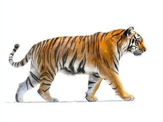 Obraz premium Side view of a tiger. Walking forward, white background. Digital painting