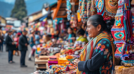 Obraz premium Woman Smiling in Traditional Market Vibrant Textile Stalls