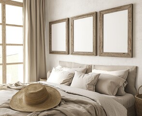A mock-up for a bedroom interior, a coastal style with rattan furniture and empty frames, in a 3D render