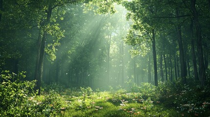 Fototapeta premium Sunbeams Through Lush Forest Canopy