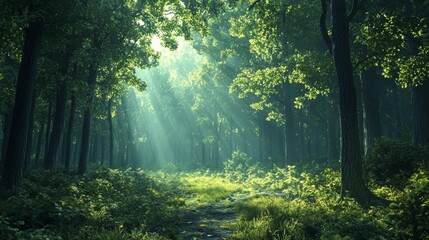 Fototapeta premium Sunbeams Through a Lush Forest Path