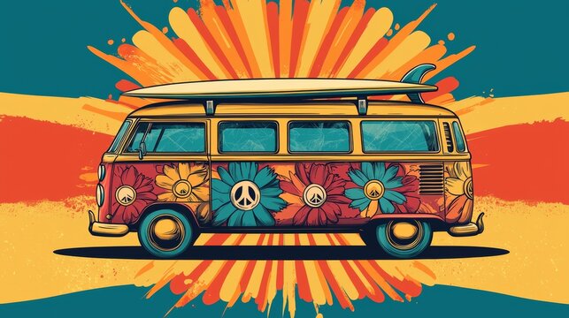Retro Van with Peace Sign and Surfboard