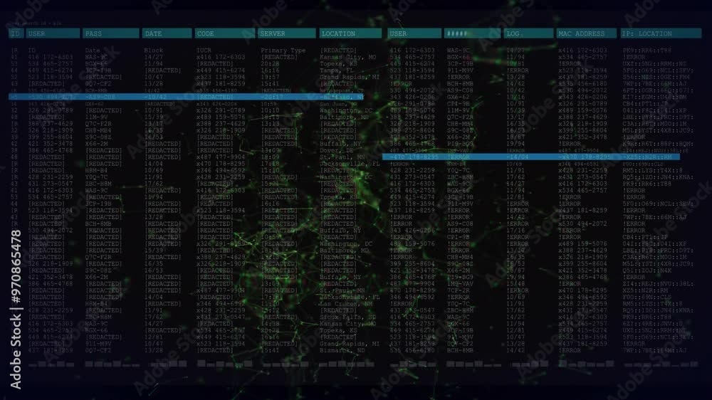 Poster computer code and data processing animation over green network connections