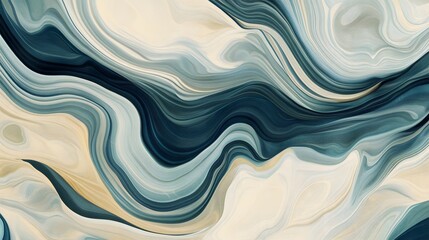 Fototapeta premium An abstract fluid art design featuring swirling patterns of teal, beige, and cream tones. The marble-like flow creates a sense of movement and organic texture.