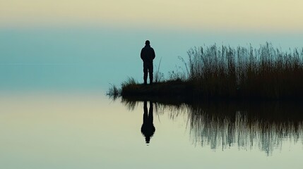 11. A lone fisherman standing at the edge of a calm lake, his silhouette mirrored in the still water, with a sense of quiet contemplation