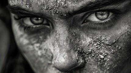 Naklejka premium 12. A close-up of a face, the expression frozen in a moment of deep thought, with the intricate details of the skin and eyes captured in sharp contrast