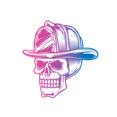 Human skull in a fire helmet. Firefighter. Original vector illustration in vintage style isolated on white background. T-shirt design.