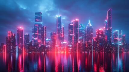 Obraz premium Futuristic Neon Cityscape with Reflection in Water