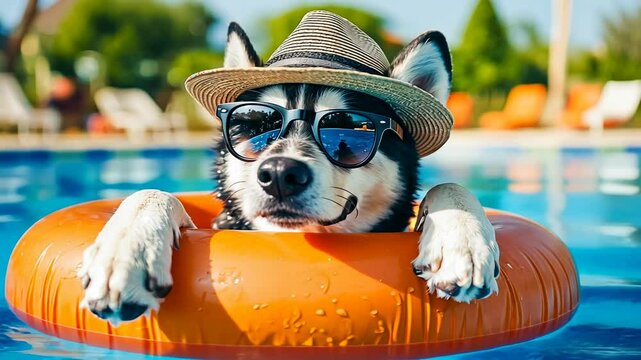 A fashionable husky, wearing a straw hat and sunglasses, lounges in an orange float in a pool. It's a sunny day, creating a playful and relaxed summer vibe. The dog enjoys cooling off in the water.