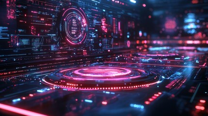 Futuristic Technology Interface with Neon Lights and Digital Data