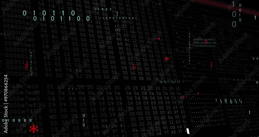 Poster binary code and data analysis animation over dark background with red highlights