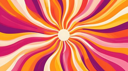 Sunburst retro vibrant abstract design featuring flowing, wave-like lines in bright orange, pink, and yellow hues radiating outward from a central circular shape.