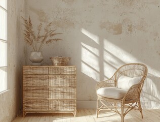Living room interior, wall mockup, 3D render in the Scandinavian style