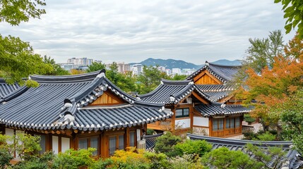 Fototapeta premium A view of traditional Korean architecture with black tiled roofs, surrounded by lush greenery and a city skyline in the distance.
